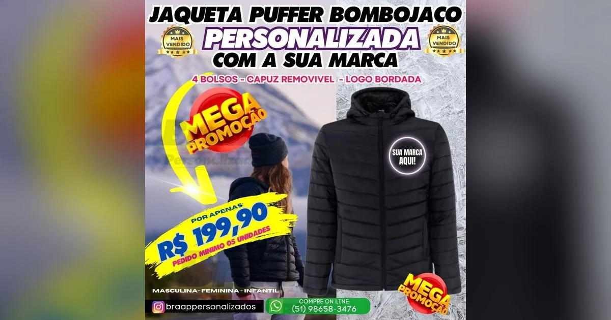 JAQUETA PUFFER BOMBOJACO PERSONALIZADA COM A SUA LOGO MARCA 